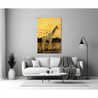 Golden giraffe glass wall art with metallic savanna texture