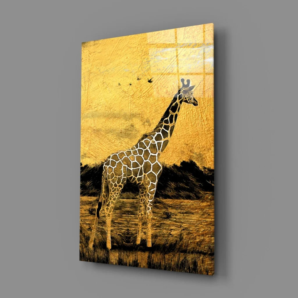 Golden Giraffe glass wall art with metallic savanna texture