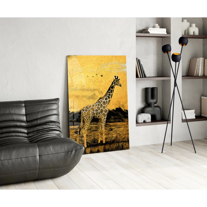 Golden giraffe glass wall art with metallic savanna texture