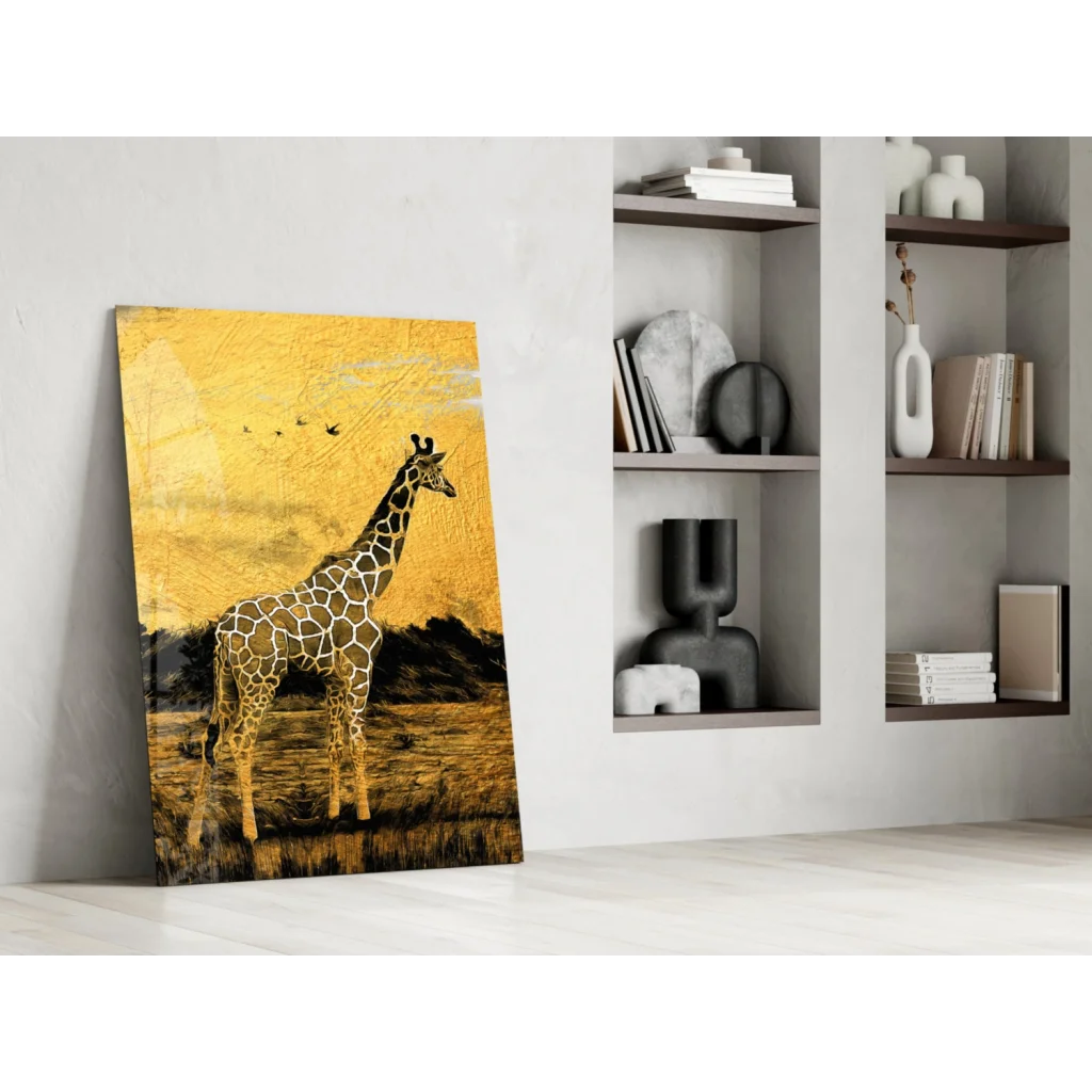 Golden Giraffe Glass Wall Art with metallic savanna texture