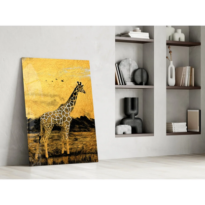 Golden Giraffe Glass Wall Art with metallic savanna texture