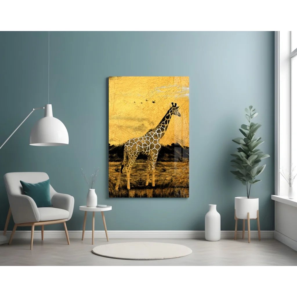 Golden Giraffe Glass Wall Art with sunlit savanna texture