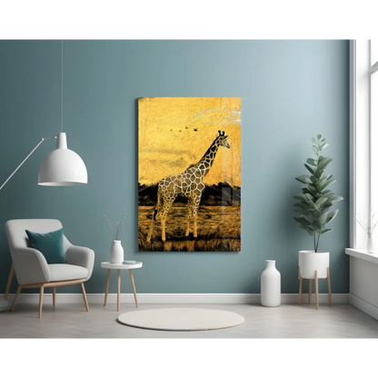 Golden Giraffe Glass Wall Art with sunlit savanna texture
