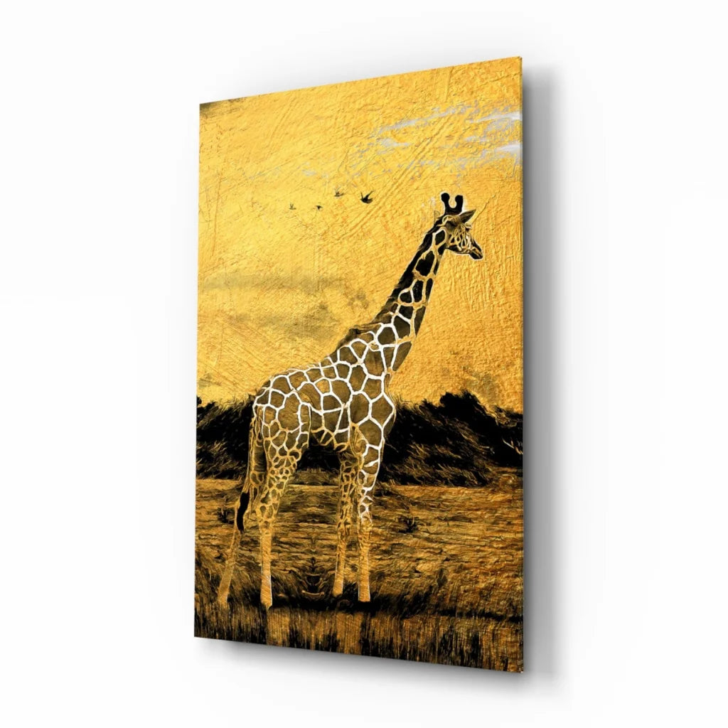 Golden Giraffe Glass Wall Art with metallic savanna texture