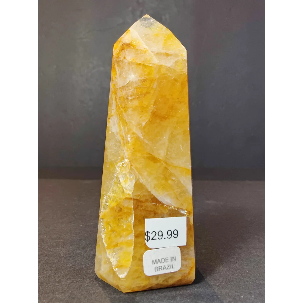 Polished yellow and white fluorite golden healer obelisk tower sculpture made in brazil priced at 29.99