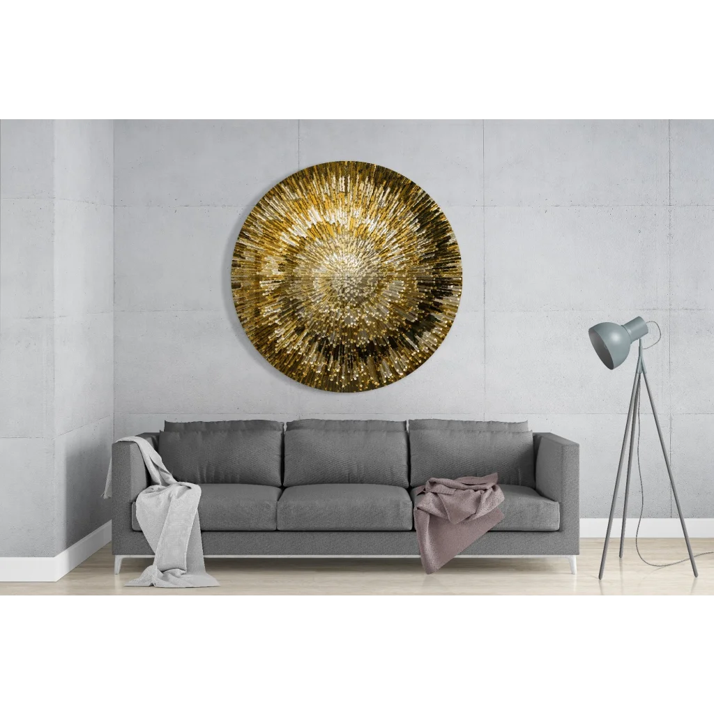 Golden sunburst tempered glass art with radiant metallic helix design