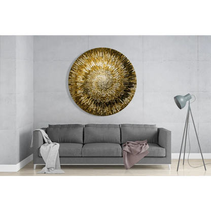 Golden sunburst tempered glass art with radiant metallic helix design