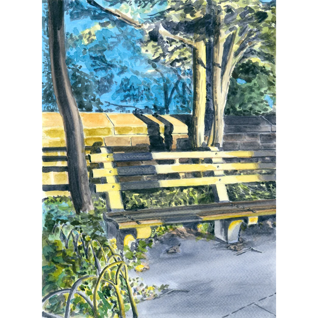 Golden Hour Park Bench at Fort Tryon Park Watercolor Print