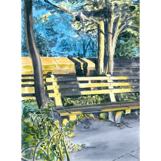 Golden Hour Park Bench at Fort Tryon Park Watercolor Print
