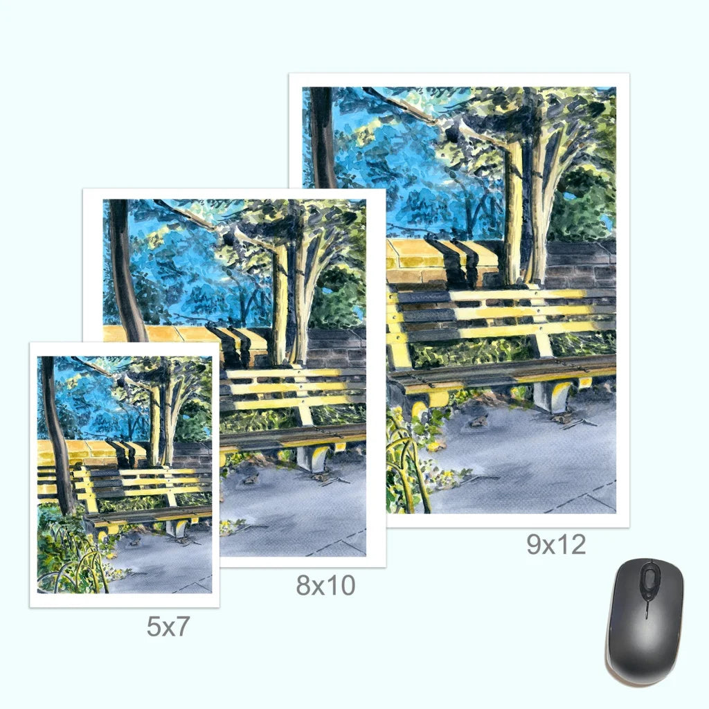 9x12 yellow park bench mouse pad with golden hour Fort Tryon Park foliage