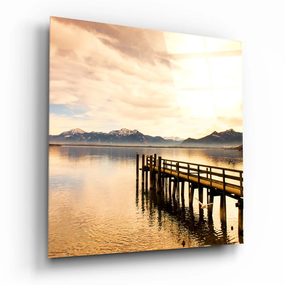 Golden Lake Pier tempered glass art with serene dock and mountains