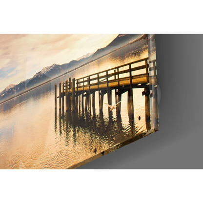 Framed tempered glass art of Golden Lake Pier with size comparison