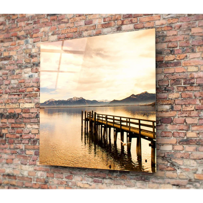 Golden Lake Pier tempered glass art with size comparison on brick wall