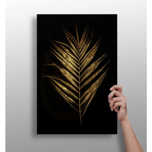 Striking golden palm frond insigne aluminum print on black canvas