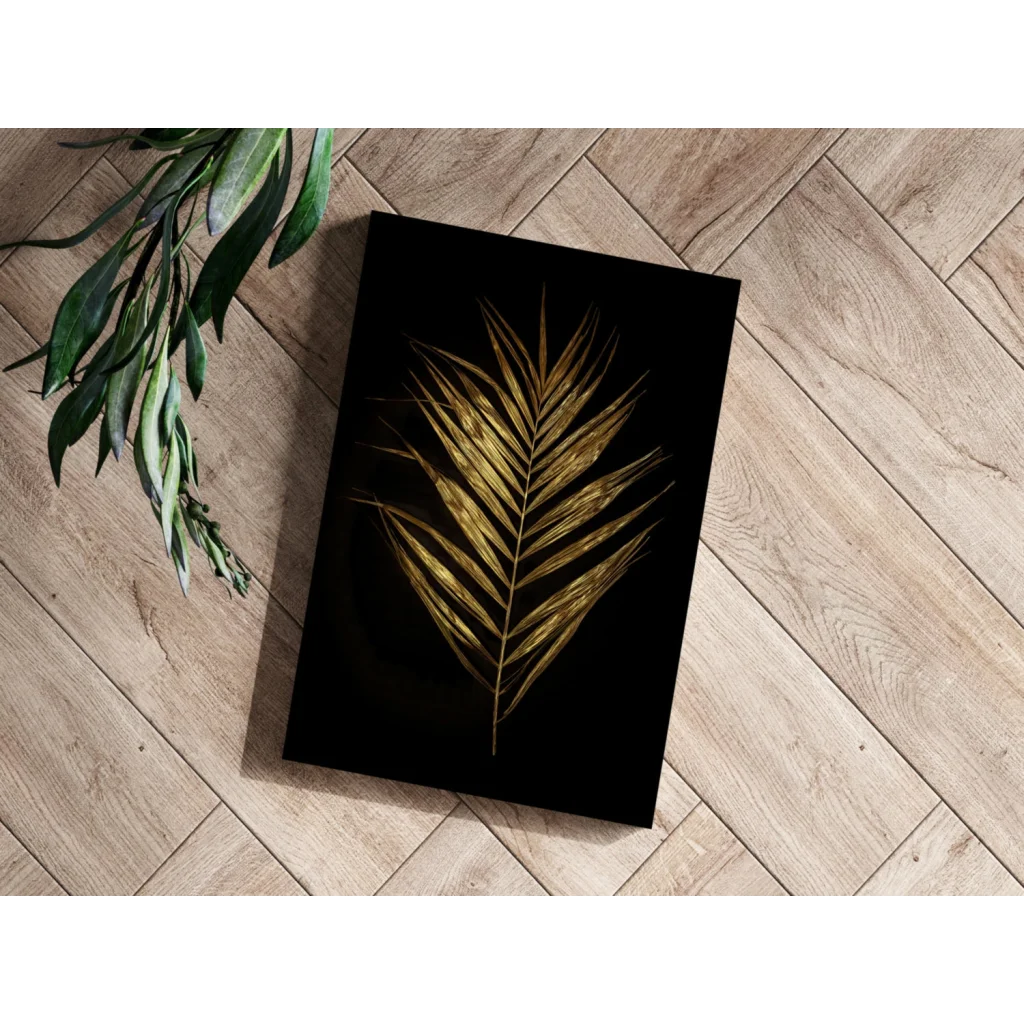 Golden palm frond insigne aluminum print on black canvas