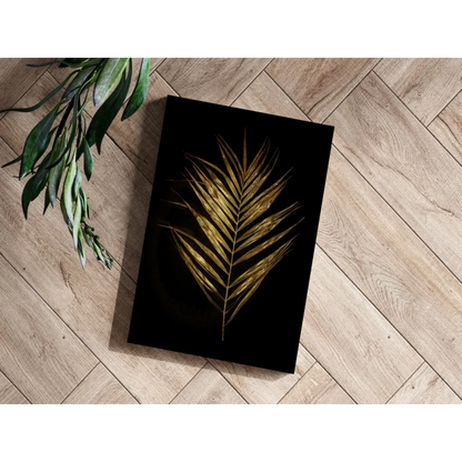 Golden palm frond insigne aluminum print on black canvas