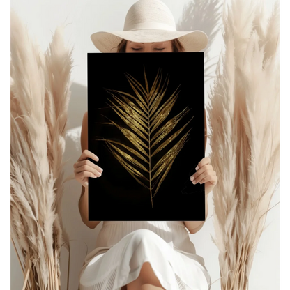 Golden palm frond insigne aluminum print on black canvas