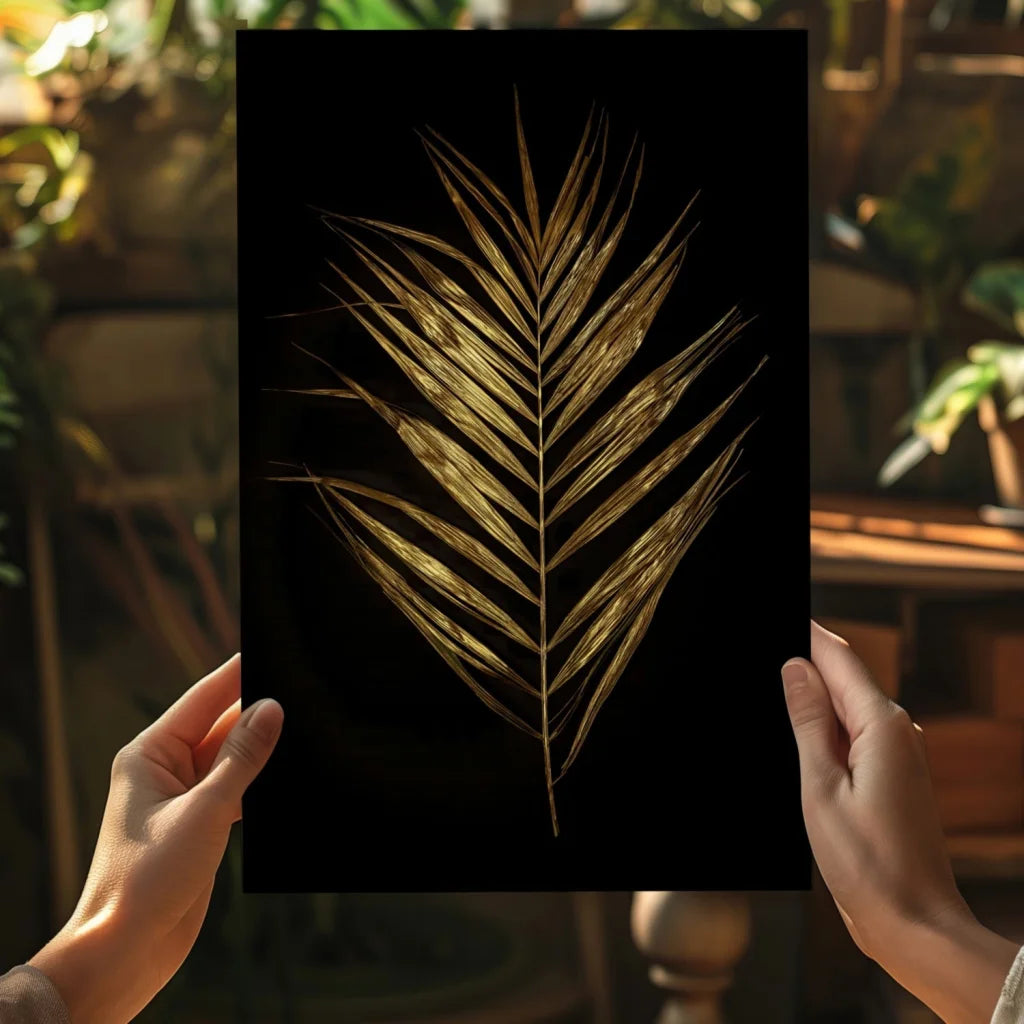 Golden palm frond insigne aluminum print held by hands on black background