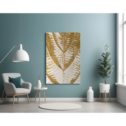 Stunning golden leaf canvas wall art on teal wall