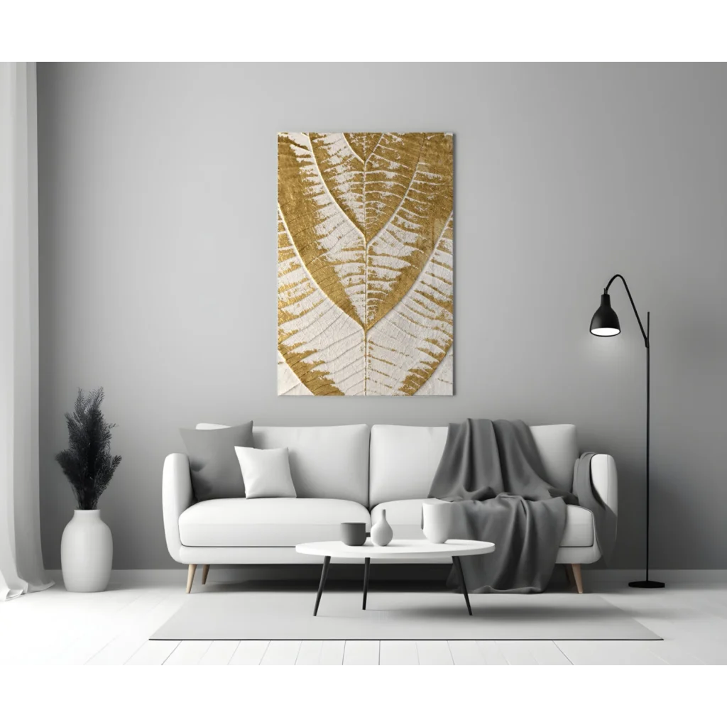 Stunning golden leaf canvas wall art on gray wall