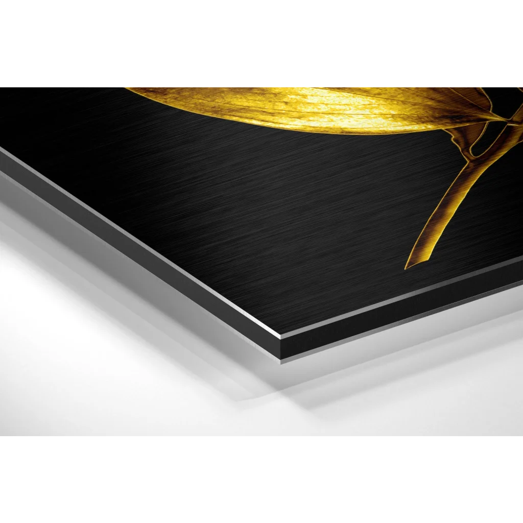 Sleek golden leaf brushed aluminium dibond wall art with metallic finish