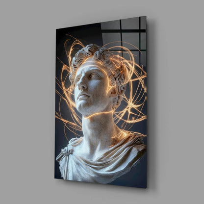 Golden Light Marble Bust wall art print with glowing trails on gray wall