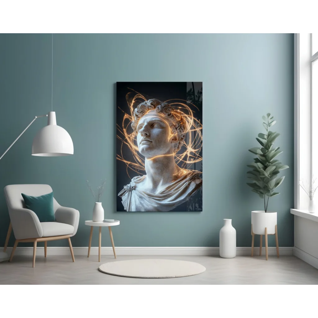 Stunning black-and-white marble bust canvas wall art with golden light trails on teal wall