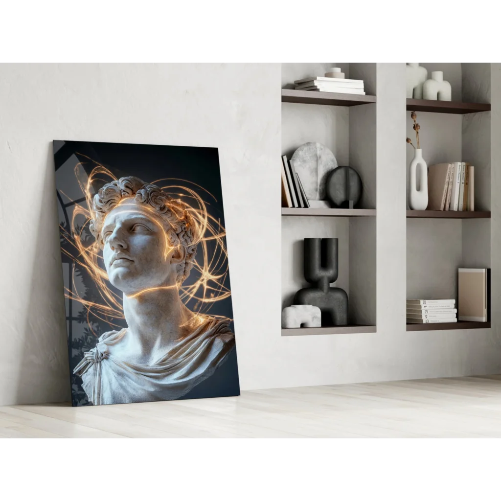 Modern marble bust canvas wall art with golden light trails