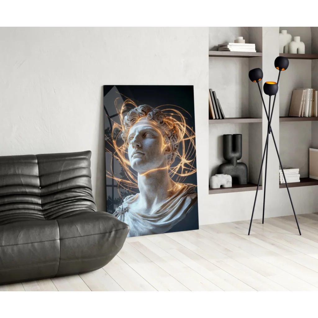 Black-and-white marble bust canvas wall art with golden light trails