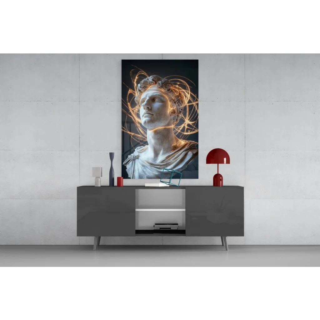 Black-and-white marble bust with golden light trails wall art print