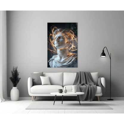 Golden light trails swirl around marble bust wall art print