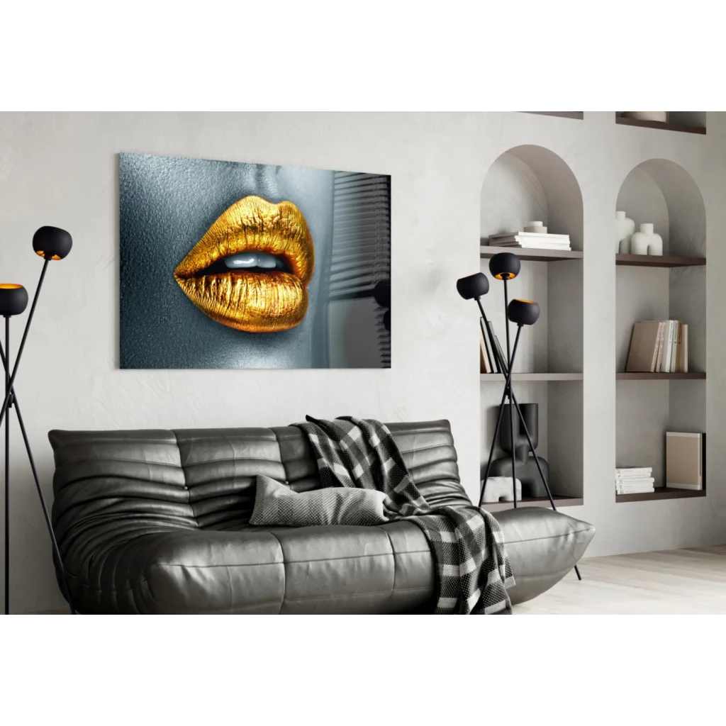 Glossy gold lips canvas wall art on textured gray background