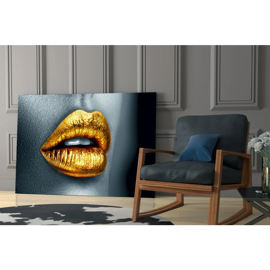 Glossy golden lips close-up on textured gray background, golden lips wall art