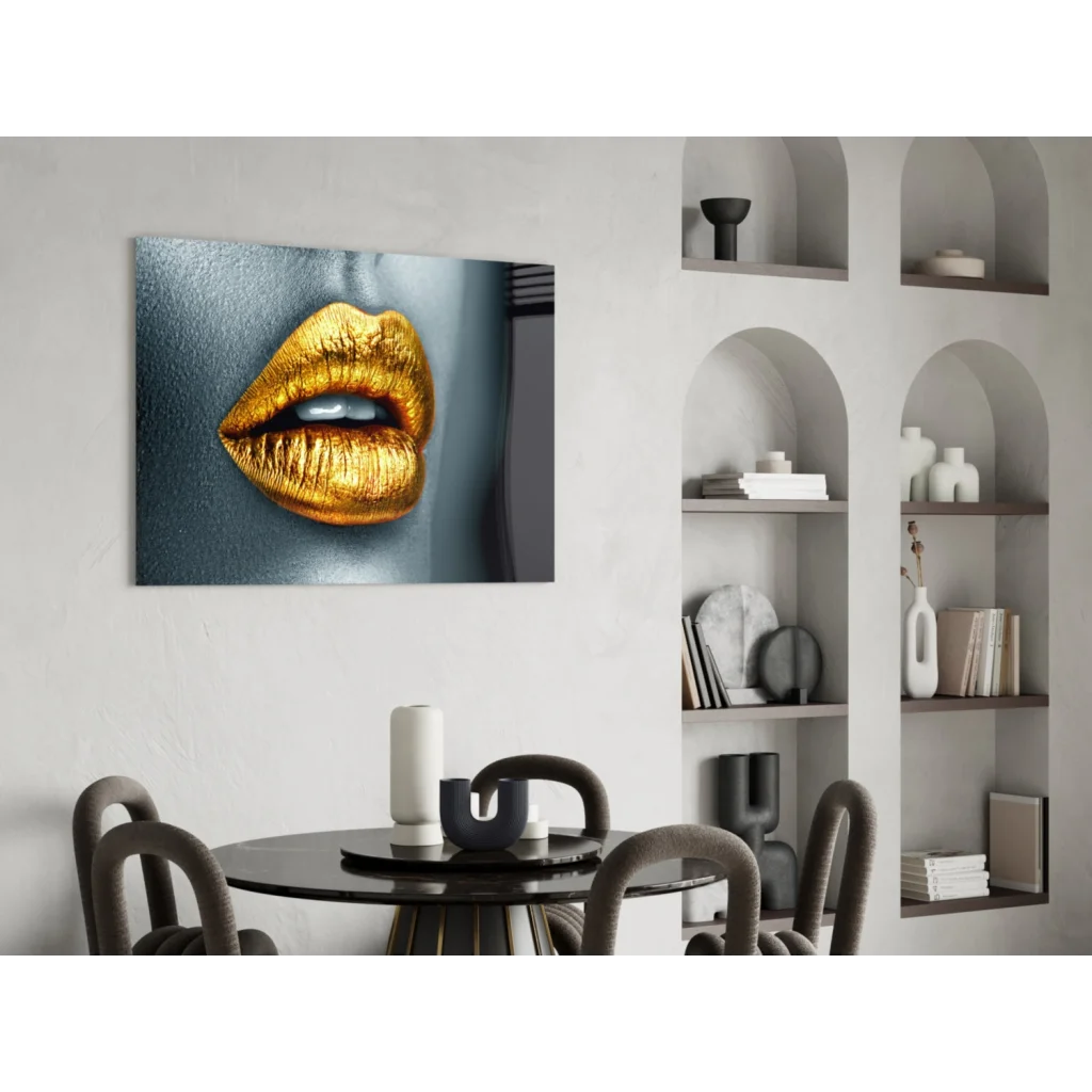 Golden lips wall art canvas print with metallic shine on gray texture