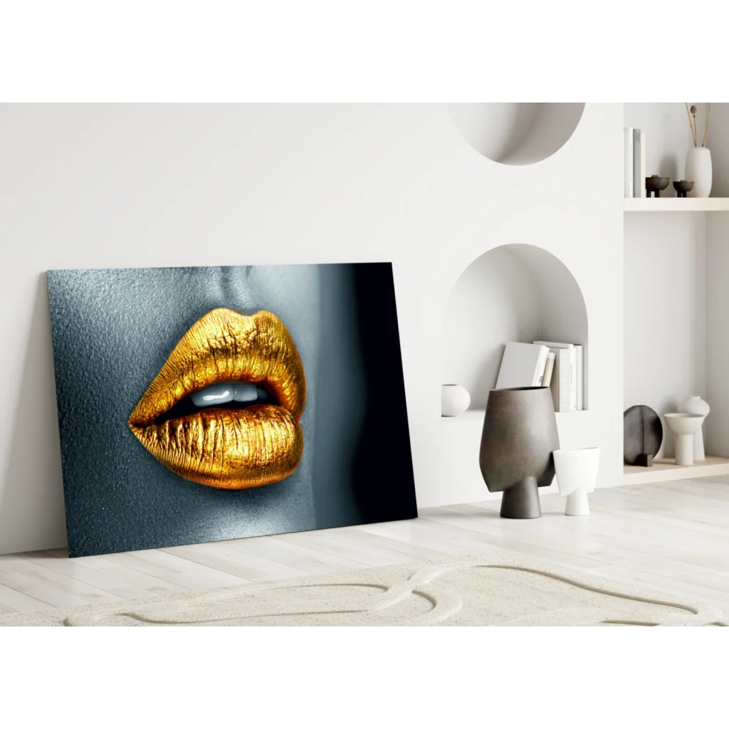 Golden lips wall art canvas print with metallic shine on dark gray background