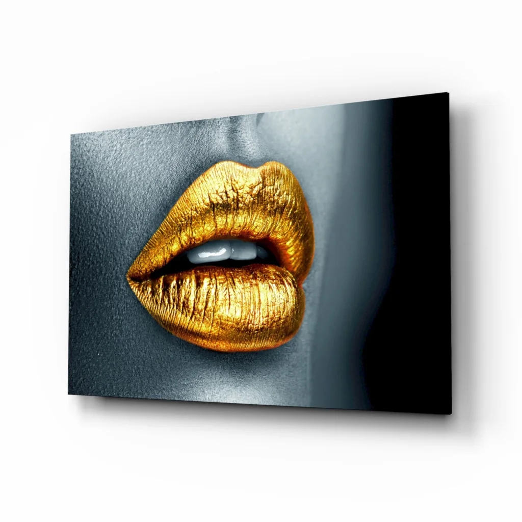 Golden lips canvas wall art with metallic shine on textured background