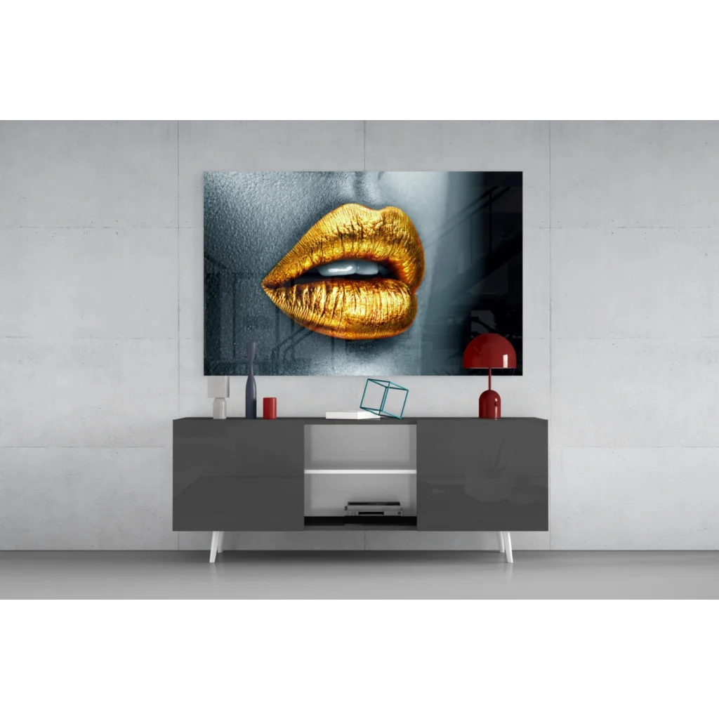 Golden lips canvas wall art with glossy metallic shine on gray background