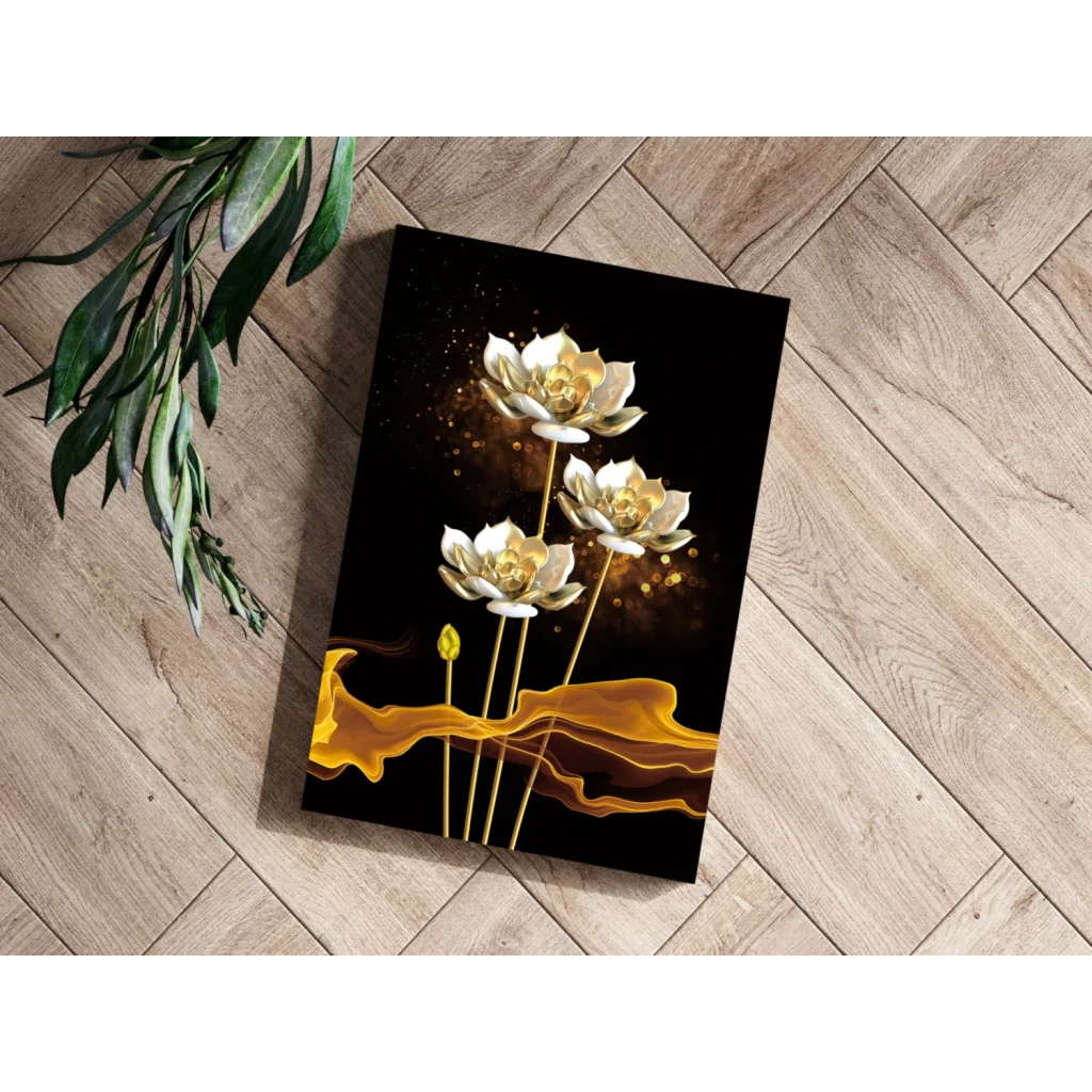 Black and gold lotus flower canvas art print with droplets