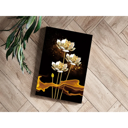 Black and gold lotus flower canvas art print with droplets