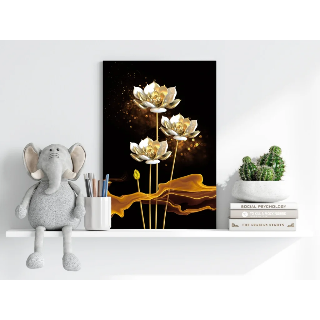 Golden Lotus Flower Canvas Art Print with Droplets on black background