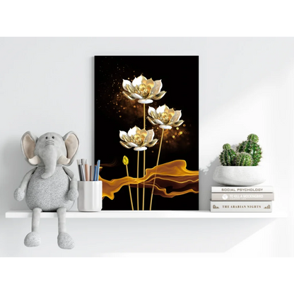 Golden Lotus Flower Canvas Art Print with Droplets on black background