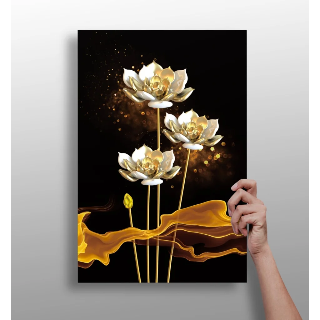 Golden lotus flower canvas art print with droplets