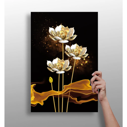 Golden lotus flower canvas art print with droplets