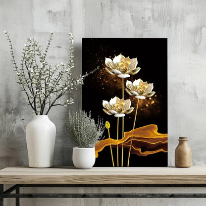 Golden lotus flower canvas print with black background and golden droplets