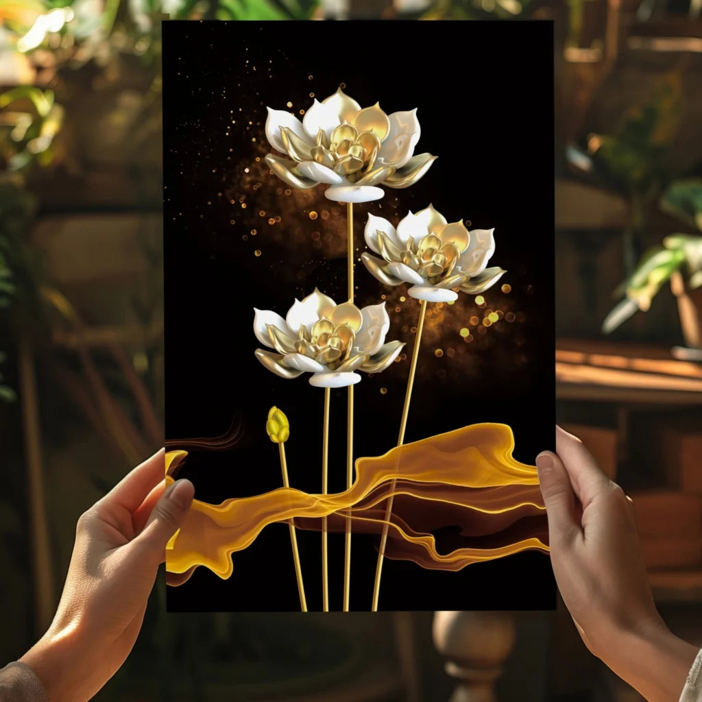 Golden lotus flower canvas art print with water droplets
