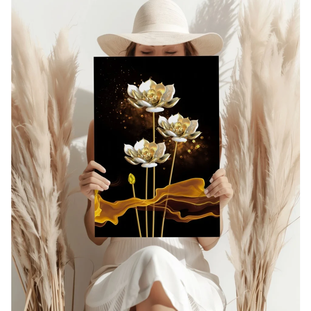 Golden lotus flower canvas art print with droplets on black background