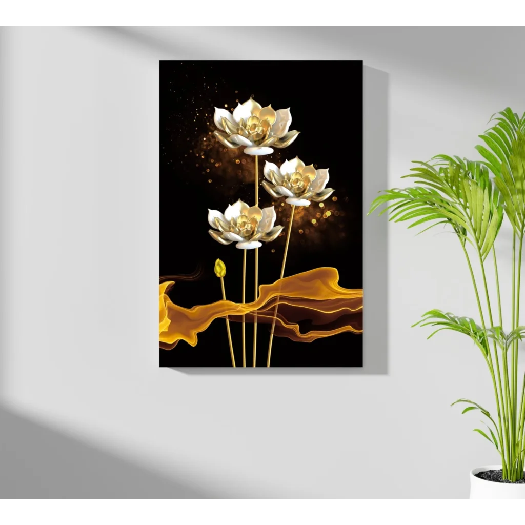 Golden lotus flower canvas art print with water droplets