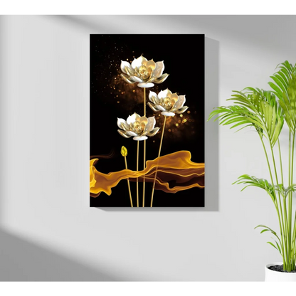 Golden lotus flower canvas art print with water droplets