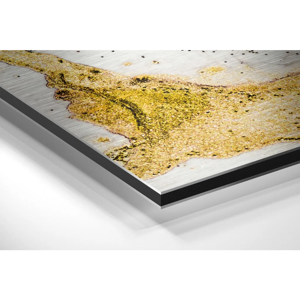 Glass Wall Art Stunning brushed aluminium dibond abstract wall art with silver metallic background and golden black patterns