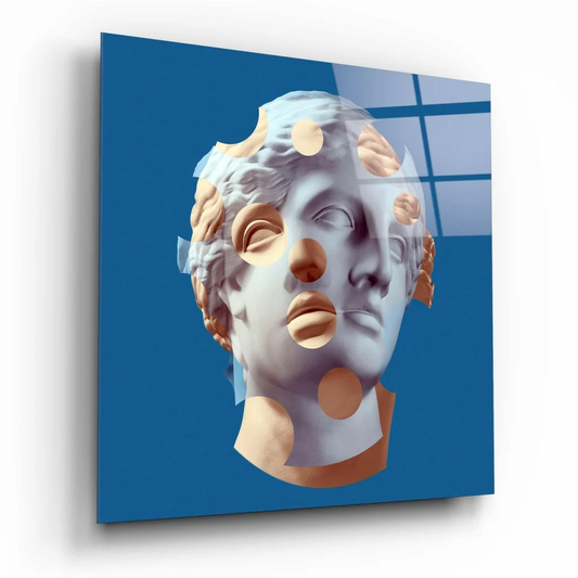 Modern golden marble bust glass wall art with blue abstract design